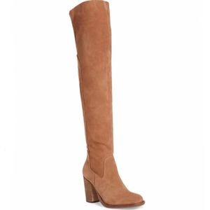 Kelsi Dagger Brooklyn Logan Over the Knee Suede Heeled Boots Tan Size 11W NWT